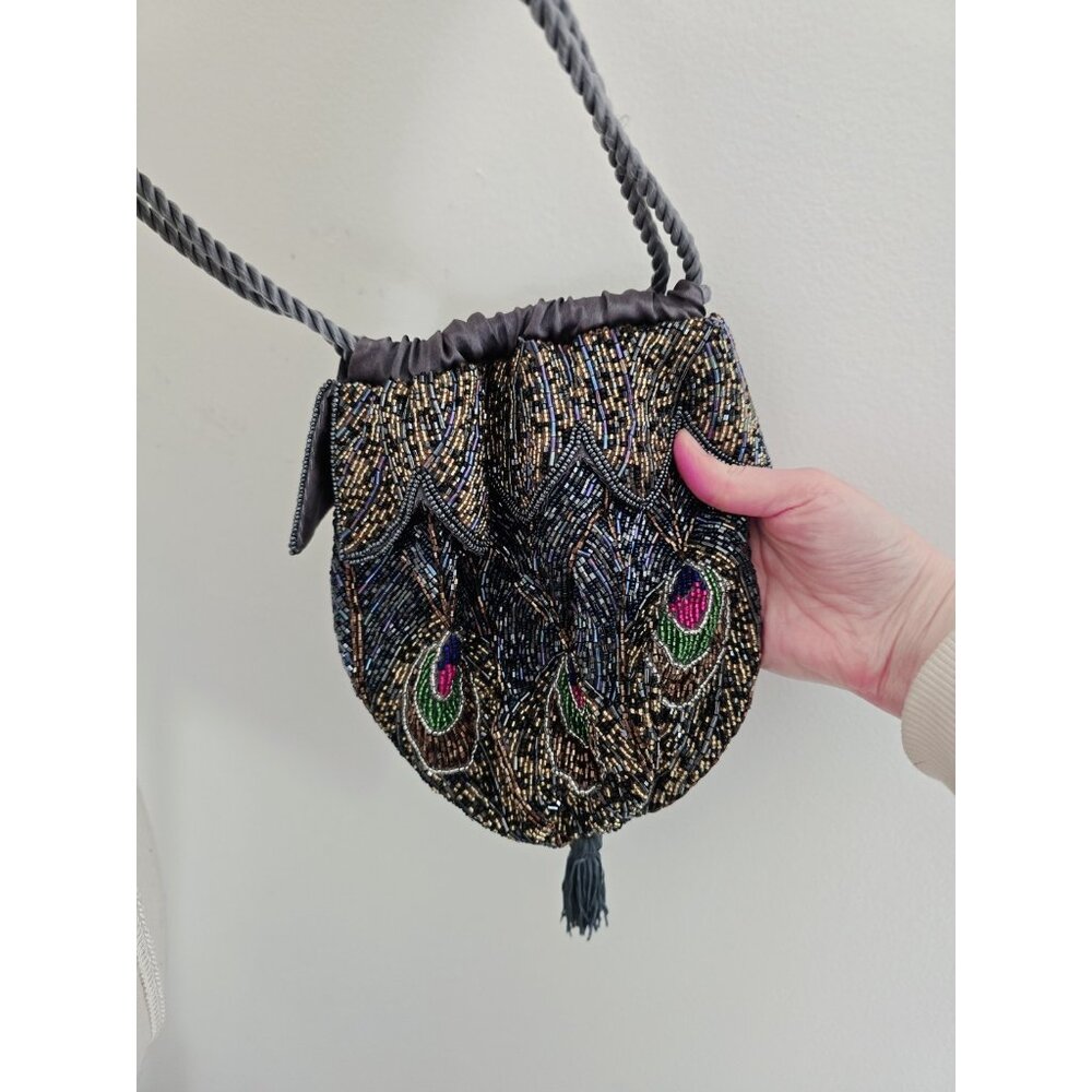 Peacock Beaded Satin Pouch Purse Crossbody Tapestry Strap Vintage Inspired Bird - Picture 8 of 11